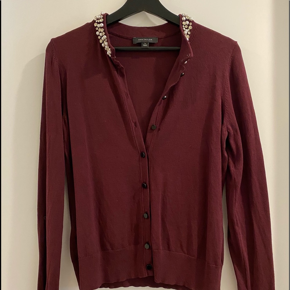 Ann Taylor button up cardigan with badazled neck